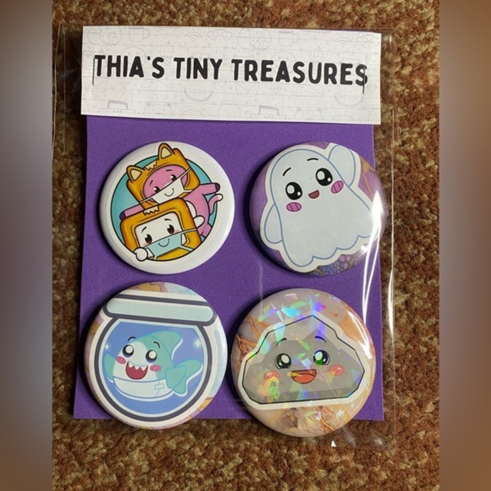 Lanky Box - Set of Four Buttons / Pins 2.25 inches Lankybox characters NWT